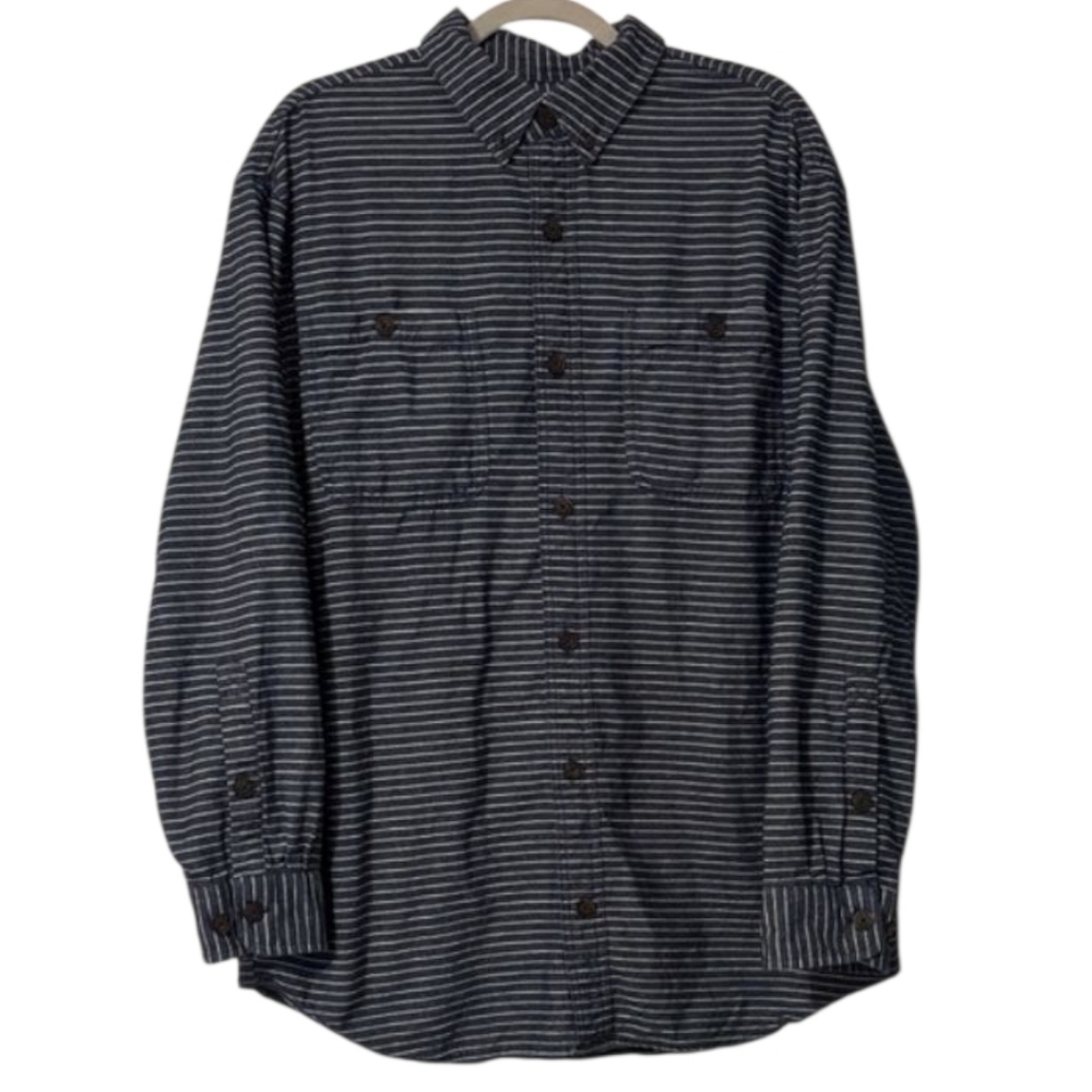 Duluth Trading Co Shirt Mens Size Large L BUTTON DOWN Navy Striped Shirt